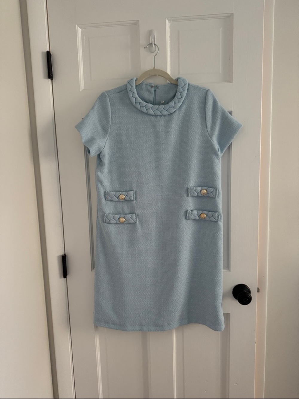 Women’s Light Blue Textured Short-Sleeve Dress with Braided Collar